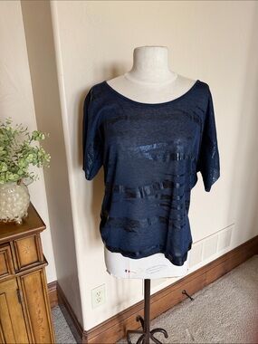 Lauren Vidal Navy Sheer Stripe Short Sleeve Top